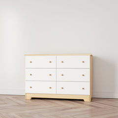 Double Dresser, 6 Drawers, Solid Pine Wood, White/Natural