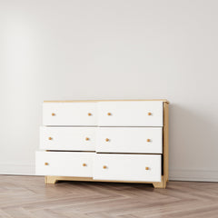 Double Dresser, 6 Drawers, Solid Pine Wood, White/Natural