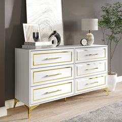 Double Dresser, 6 Drawers, White Finish, Gold Handles, Metal Legs