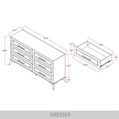 Double Dresser, 6 Drawers, White Finish, Gold Handles, Metal Legs