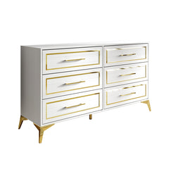 Double Dresser, 6 Drawers, White Finish, Gold Handles, Metal Legs