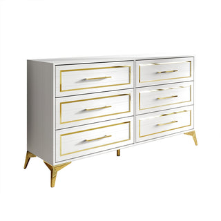 Double Dresser, 6 Drawers, White Finish, Gold Handles, Metal Legs