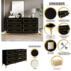 Double Dresser, 6 Drawers, White Finish, Gold Handles, Metal Legs