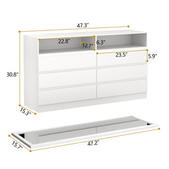 Double Dresser, 6 Drawers, White Gloss MDF, Mirror and LED Lights