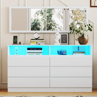 Double Dresser, 6 Drawers, White Gloss MDF, Mirror and LED Lights