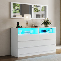 Double Dresser, 6 Drawers, White Gloss MDF, Mirror and LED Lights