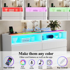 Double Dresser, 6 Drawers, White Gloss MDF, Mirror and LED Lights
