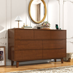Double Dresser, 7 Drawers, Solid Wood, Metal Legs, Brown