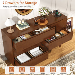 Double Dresser, 7 Drawers, Solid Wood, Metal Legs, Brown