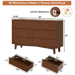 Double Dresser, 7 Drawers, Solid Wood, Metal Legs, Brown