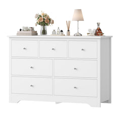 Double Dresser, 7 Drawers, White MDF, Silver Metal Pulls