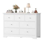 Double Dresser, 7 Drawers, White MDF, Silver Metal Pulls