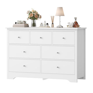 Double Dresser, 7 Drawers, White MDF, Silver Metal Pulls