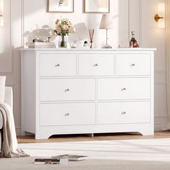 Double Dresser, 7 Drawers, White MDF, Silver Metal Pulls