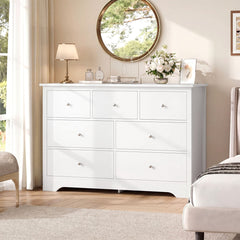 Double Dresser, 7 Drawers, White MDF, Silver Metal Pulls