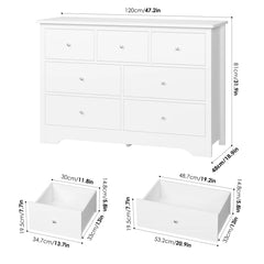 Double Dresser, 7 Drawers, White MDF, Silver Metal Pulls