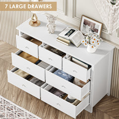 Double Dresser, 7 Drawers, White MDF, Silver Metal Pulls