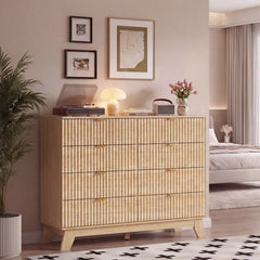 Double Dresser, 8 Drawers, MDF, Beige, Metal Handles