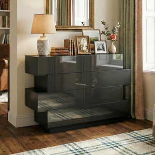 Double Dresser, 8 Drawers, Metal and MDF, Black Gloss Finish