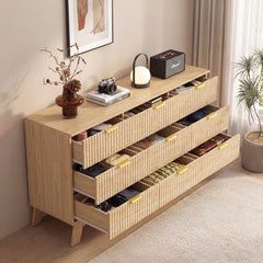 Double Dresser, 9 Drawers, Beige MDF with Metal Handles