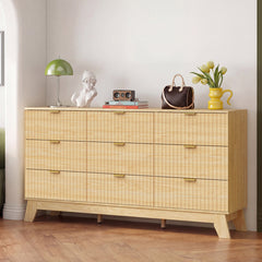 Double Dresser, 9 Drawers, Beige MDF with Metal Handles