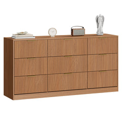 Double Dresser, 9 Drawers in Brown Manufactured Wood with Fluted Detailing