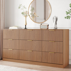 Double Dresser, 9 Drawers in Brown Manufactured Wood with Fluted Detailing