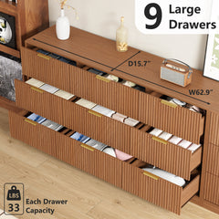Double Dresser, 9 Drawers in Brown Manufactured Wood with Fluted Detailing