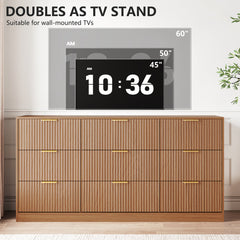 Double Dresser, 9 Drawers in Brown Manufactured Wood with Fluted Detailing