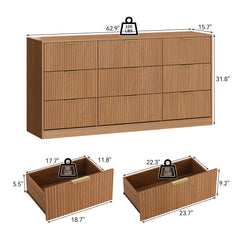 Double Dresser, 9 Drawers in Brown Manufactured Wood with Fluted Detailing