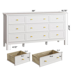 Double Dresser, 9 Drawers, Solid and Manufactured Wood, Gold Knobs
