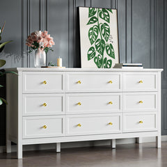 Double Dresser, 9 Drawers, Solid and Manufactured Wood, Gold Knobs