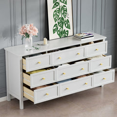 Double Dresser, 9 Drawers, Solid and Manufactured Wood, Gold Knobs