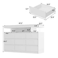 Double Dresser, 9 Drawers, White MDF and Wood, App-Controlled LED Lights