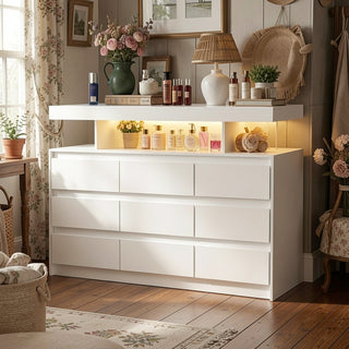 Double Dresser, 9 Drawers, White MDF and Wood, App-Controlled LED Lights