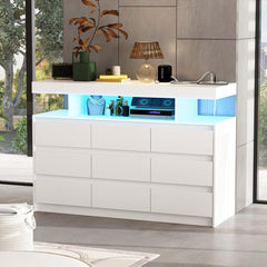 Double Dresser, 9 Drawers, White MDF and Wood, App-Controlled LED Lights