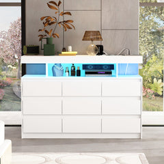 Double Dresser, 9 Drawers, White MDF and Wood, App-Controlled LED Lights