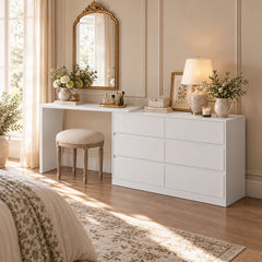 Double Dresser and Vanity Desk Set, 6 Drawers, MDF, White