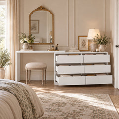 Double Dresser and Vanity Desk Set, 6 Drawers, MDF, White