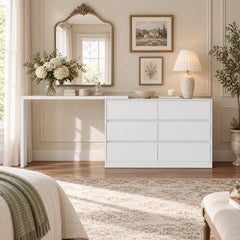Double Dresser and Vanity Desk Set, 6 Drawers, MDF, White