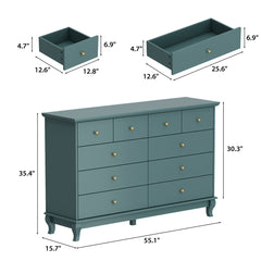 Double Dresser with 10 Drawers and Metal Ball-Pull Handles