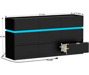 Double Dresser with 9 Drawers, Black Wood, RGB LED Lights