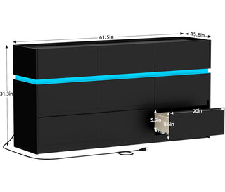 Double Dresser with 9 Drawers, Black Wood, RGB LED Lights