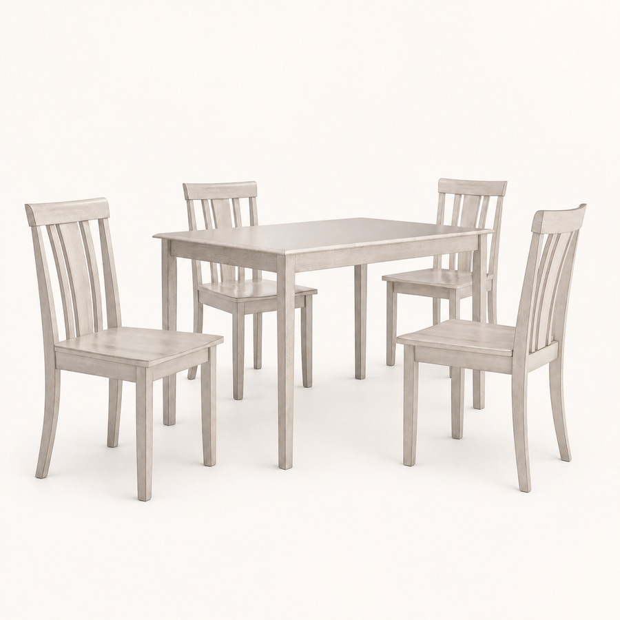 Front | antique-white table and four slat-back chairs centered on paper