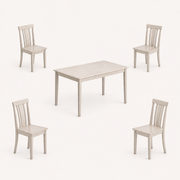 Studio angle | three-quarter studio view of the tabletop edge, apron, and slat backs
