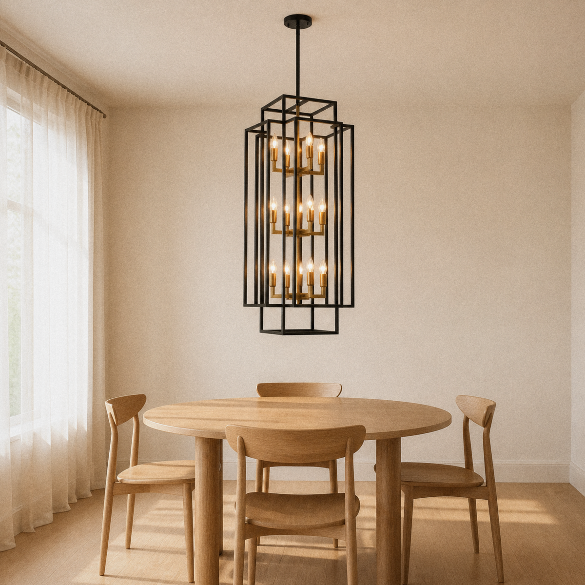 In a room | black and gold nested-cage lantern chandelier hanging over a round oak dining table