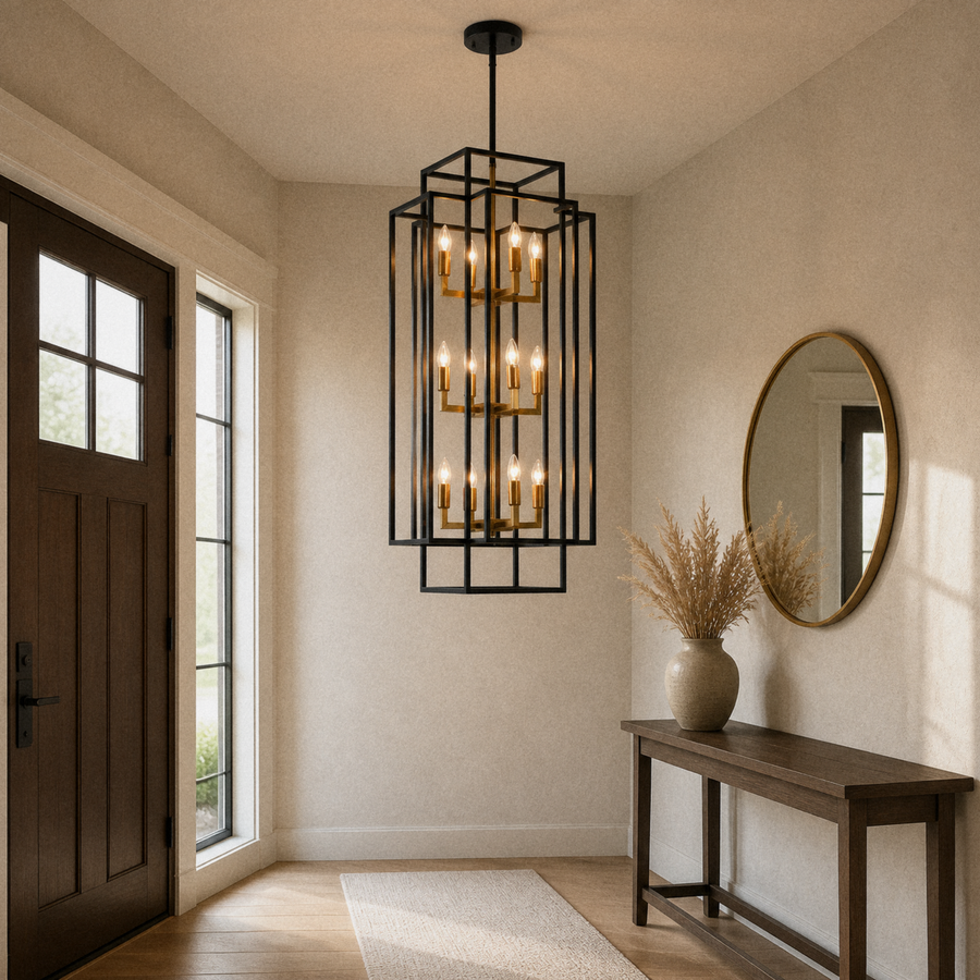 In a room | the same lantern chandelier hanging in a warm entryway beside a console table