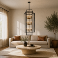In a room | the lantern chandelier hanging above a coffee table in a neutral living room