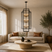 In a room | the lantern chandelier hanging above a coffee table in a neutral living room