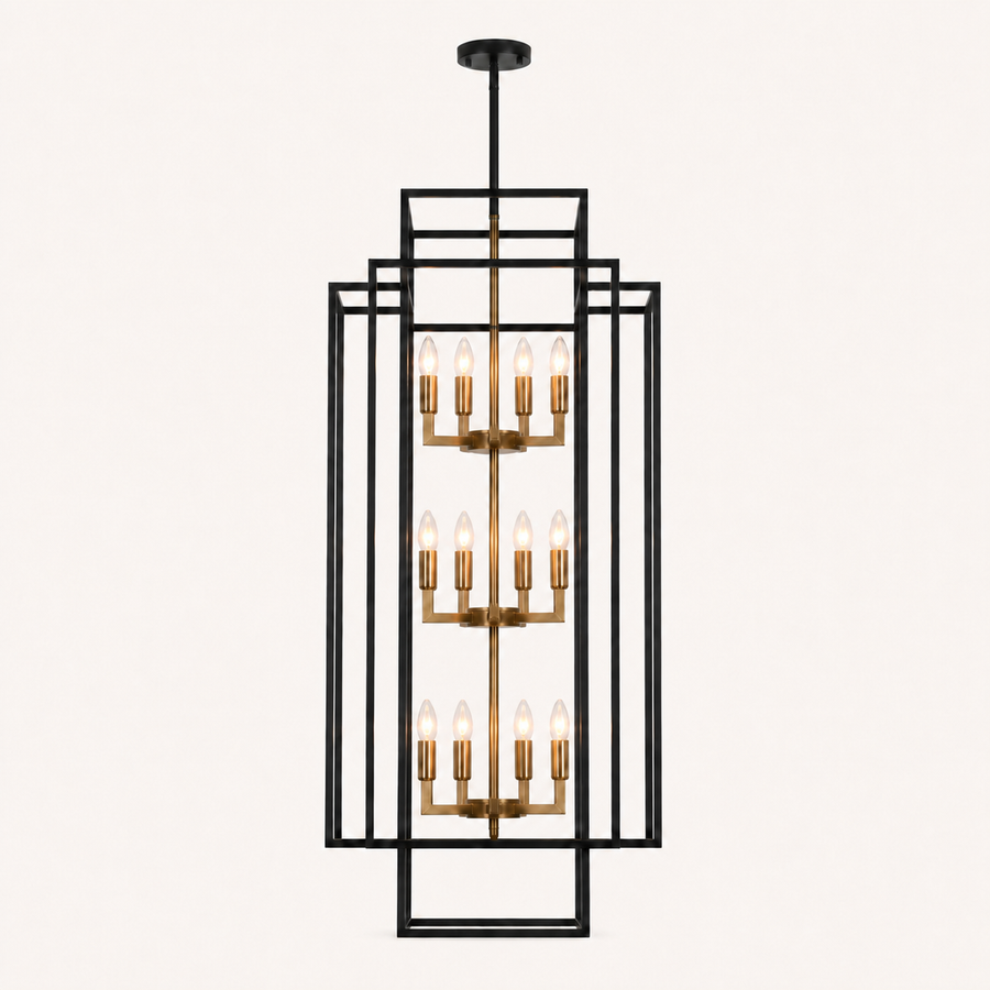 Front | studio front elevation of the black nested iron cage, gold pole, and three tiers of candle lights